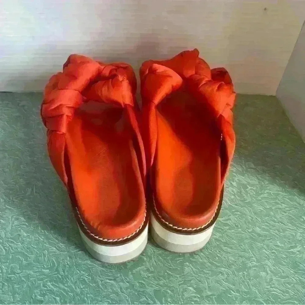 GANNI SATIN KNOTTED PLATFORM SANDAL SLIDE CROSSOVER STRAPS RED 38 $375 - Picture 6 of 7